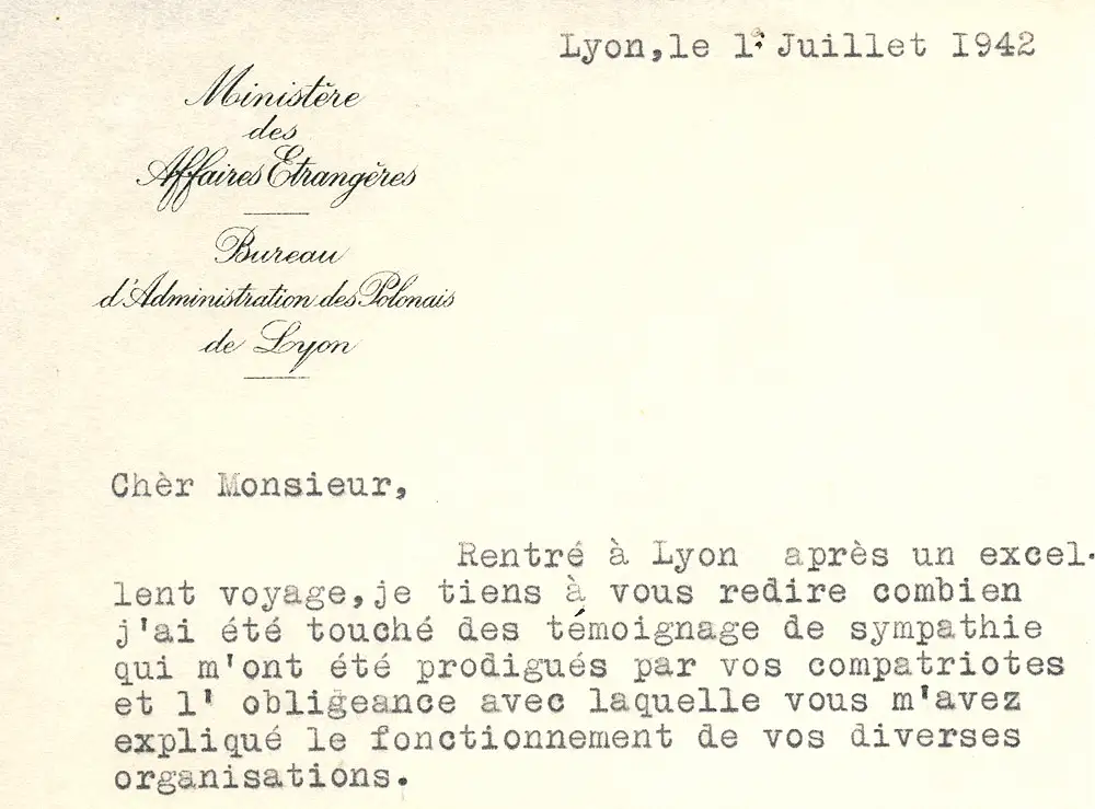 Office of the Polish Administration in Lyon, Ministry of Foreign Affairs - Letter to Wacław Godlewski (Association Mémoire du lycée polonais - Polish High School Memorial Association).