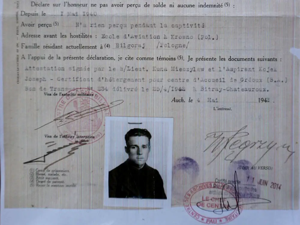 Extract from the demobilisation file for Józef Węgrzyn (Archive centre for military personnel in Pau. Provided by Christian Bouquet).